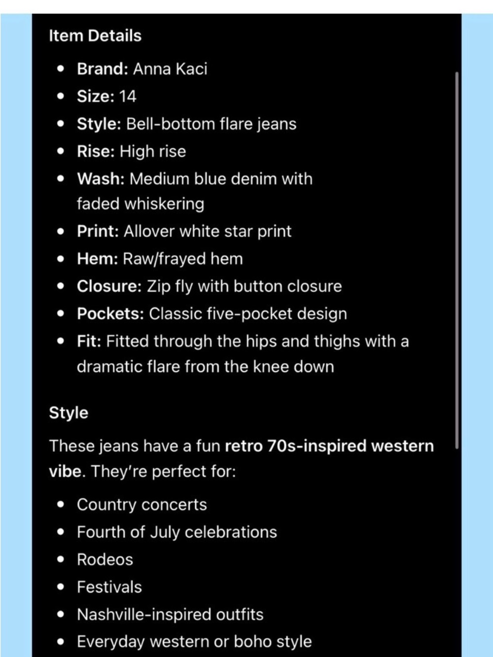 ANNA KACI High Rise Star Print Flare Festival Jeans Size 14 - Picture 11 of 11
